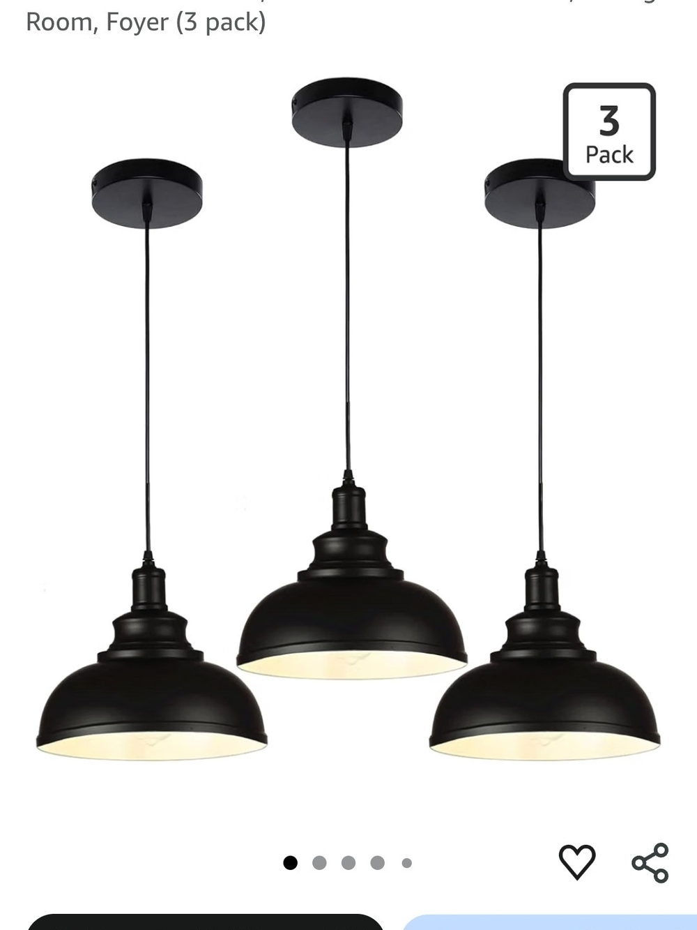 Black Hanging Pendant Light Fixture - 3 Pack